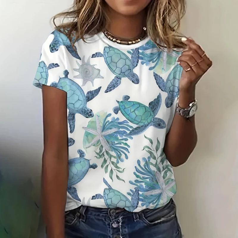 Fashion Turtle 3D Printed Summer T-shirt for Women's Outdoor Clothing Harajuku Casual Short Sleeved T-shirt for Women Round Neck T-shirt Top