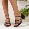 Women's Slip-On High-Heeled Sandals Chunky Heel Open Toe Summer Shoes Black Stylish Outdoor Slippers Slides