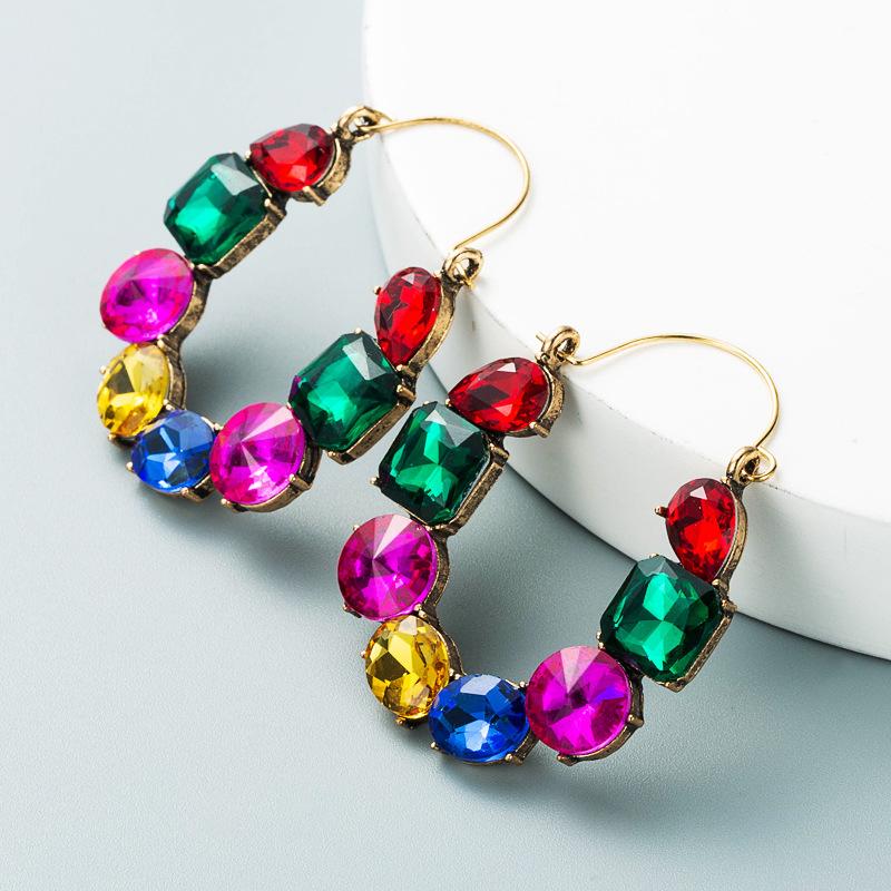 Women Hoop Earrings Exaggerate Geometric Alloy Inlaid Color Rhinestone Temperament Super Flash Full Crystal Small Earrings