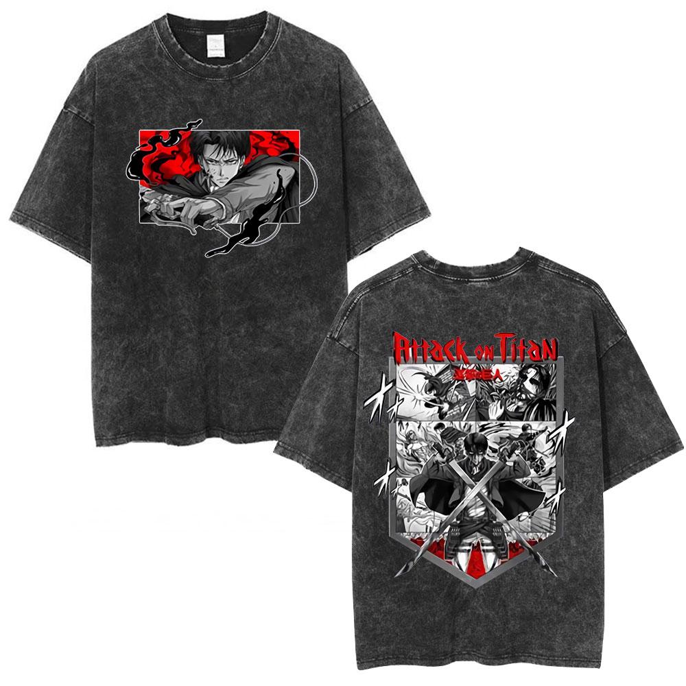 Anime Attack on Titan Washed T Shirt Men Cotton Casual Short Sleeve T-shirt Manga Levi Ackerman Oversized T-shirts Streetwear