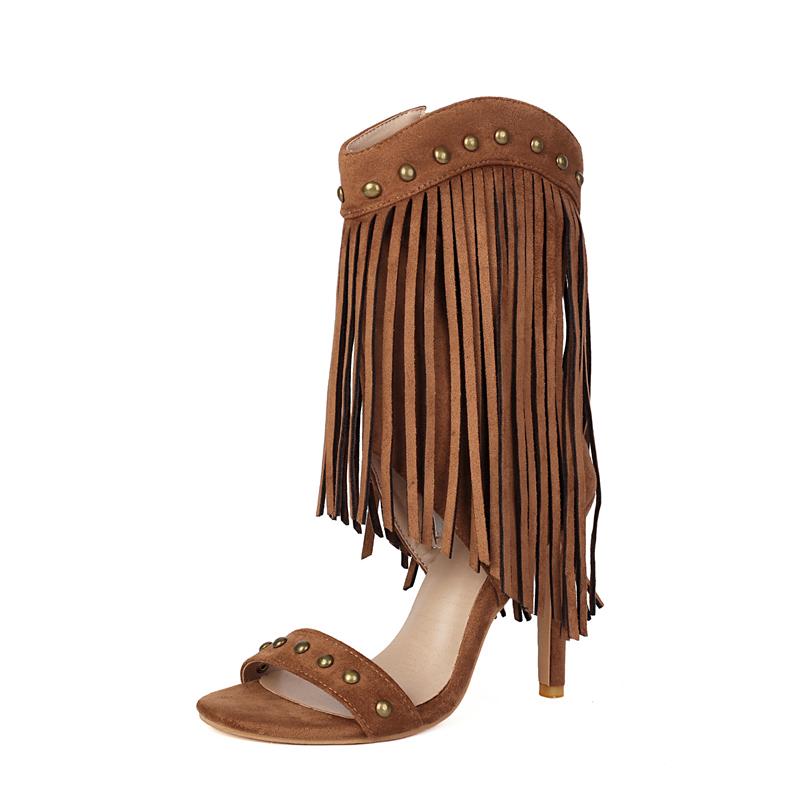 

ANNYMOLI Women Western Sandals Round Toe Thin High Heels Zippers Rivets Tassel Sexy Jazze Dance Boots Ladies Fashion Shoes Summer 46 39 жовтий