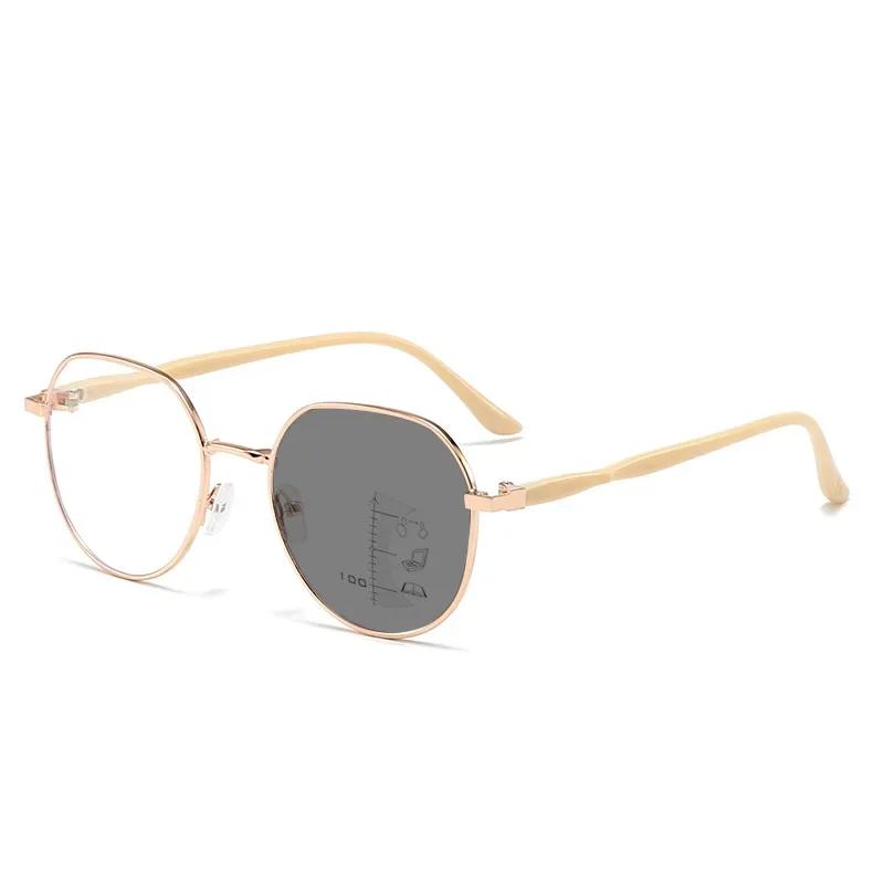 

Retro Round Multifocus Photochromic Reading Glasses Metal Frame Far Sight Glasses High Definition Anti-blue Presbyopia Glasses 1.5