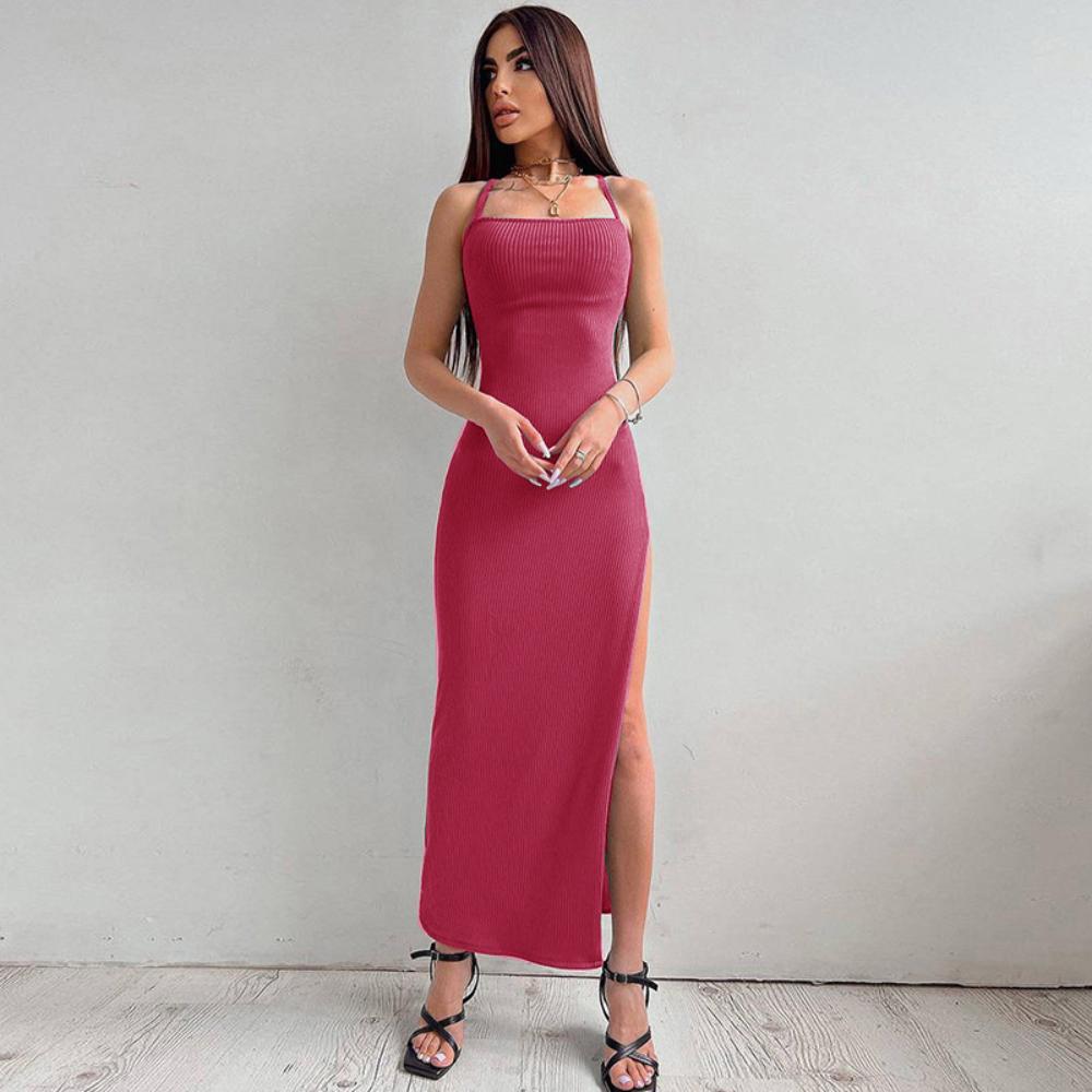 Zomer Sexy Hoge Split Halterjurk Slim Fit Mouwloze Jurk Modieuze Dames Comfortabele Effen Kleur Jurk