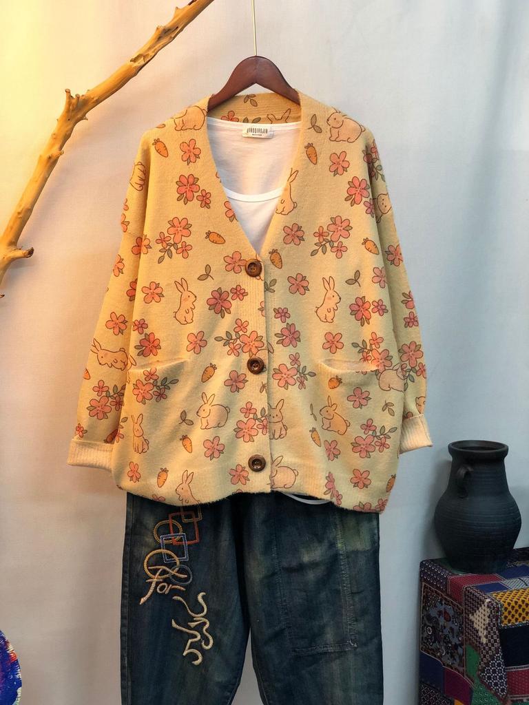 Factory new autumn and winter cute printed imitation mink velvet jacket women's Korean version loose lazy sweater
