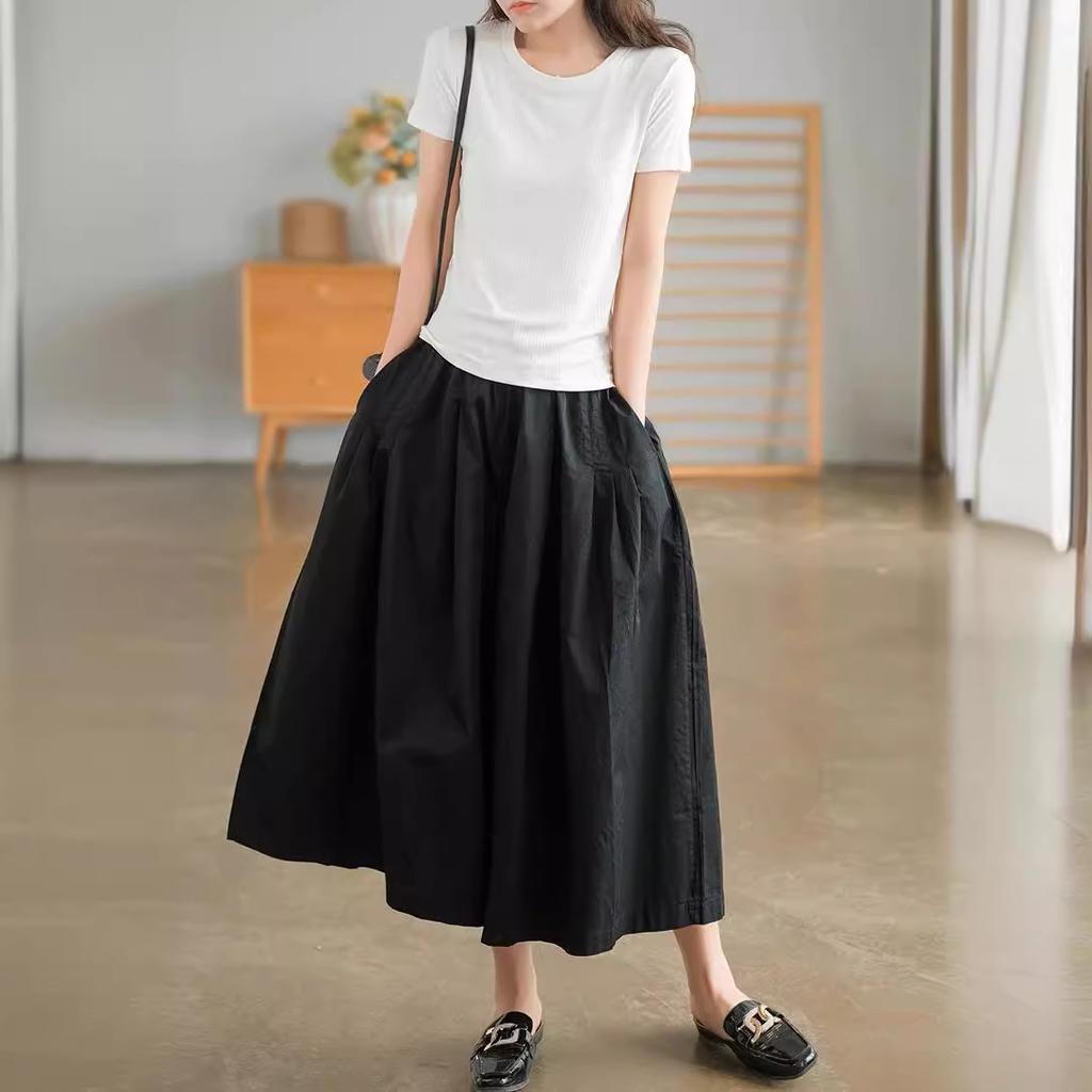 Khaki Ladies's Pants Pure Cotton Casual Loose Elastic Waist Wide Leg Pants Ladies Summer Retro Black Skirt Pants