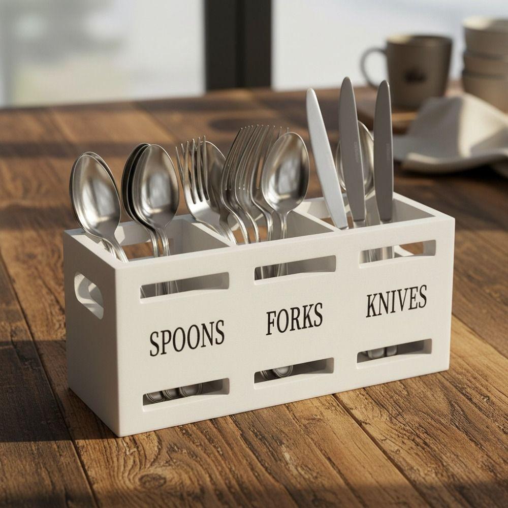 3 Compartment Wooden Rustic Cutlery Rack With Hollow Handles Rectangular Fork Spoon Organizer Vintage Cutlery Storage Rack