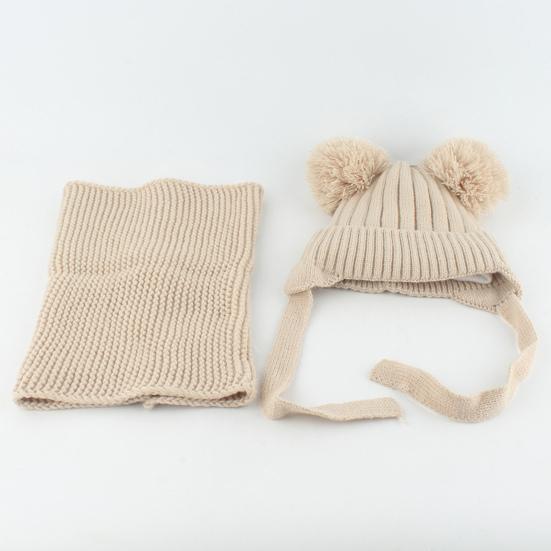 2Pcs/Set Children Winter Hat Scarf Set Plush Ball Decor Solid Color Plush Lining Knitting Hat Warm Neckerchief Set