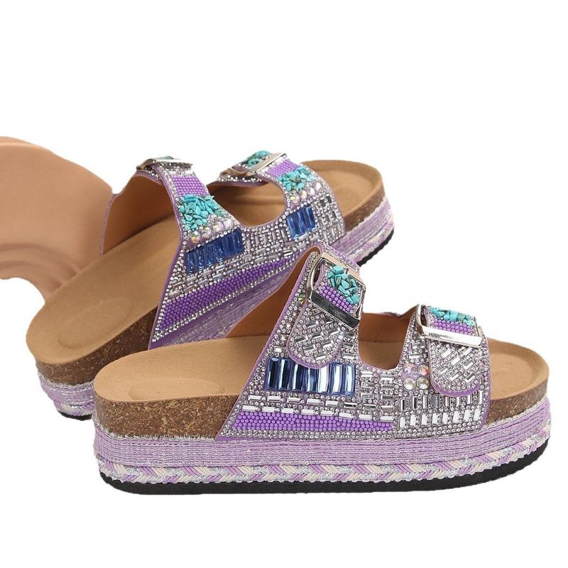 Nuove Sandali Estivi da Donna Taglie Forti Moda Suola Chunky Corda di Canapa Doppia Fibbia Strass Sughero Sandali da Spiaggia a Infradito