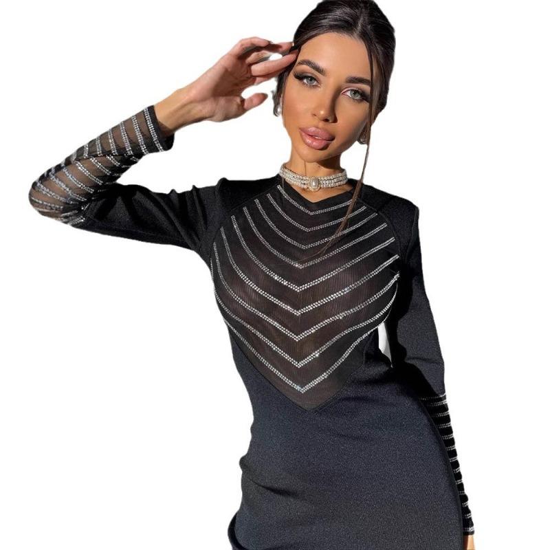 Jesień i Zima Damska Sukienka Maxi z Długim Rękawem w Jednolitym Kolorze, Seksowne Przeszycia z Siateczki, Hot Drill, Workowata, Dopasowana w Biodrach