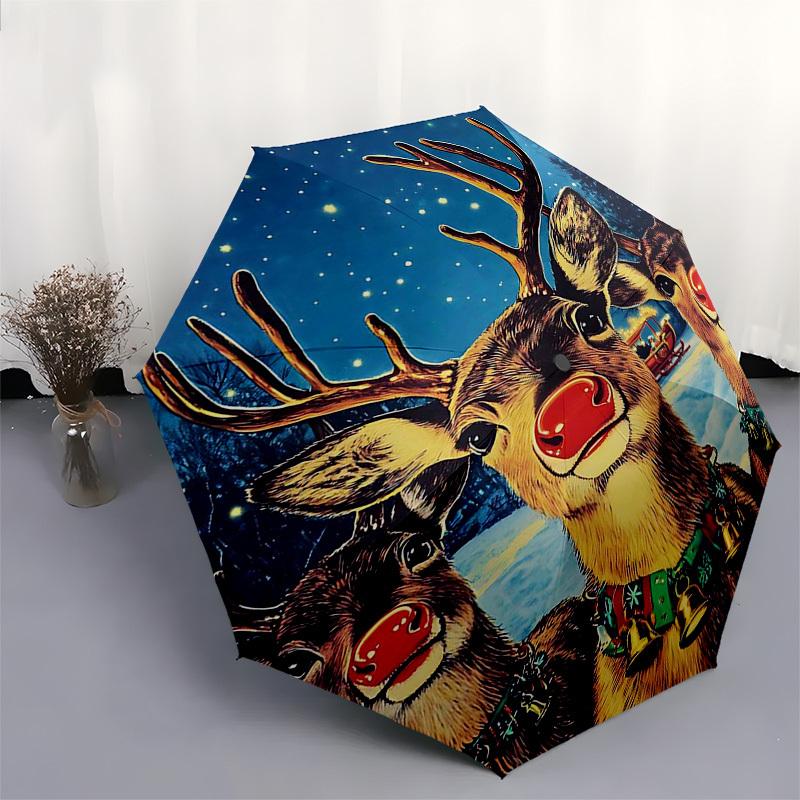 1 Stück Weihnachts-Rentier-Familienporträt Automatischer Faltregenschirm, Tragbares 3-fach Design mit 8-Speichen-Eisenrahmen, Outdoor für Fans, Reisende, Jeden Tag