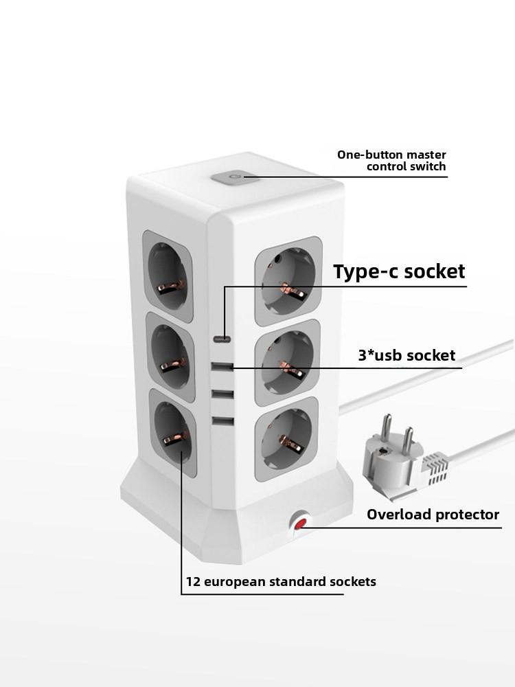 Vertical Tower-Style European-Standard Power Strip with USB Ports; European and German-Standard Multifunctional Smart Desktop Power Strip