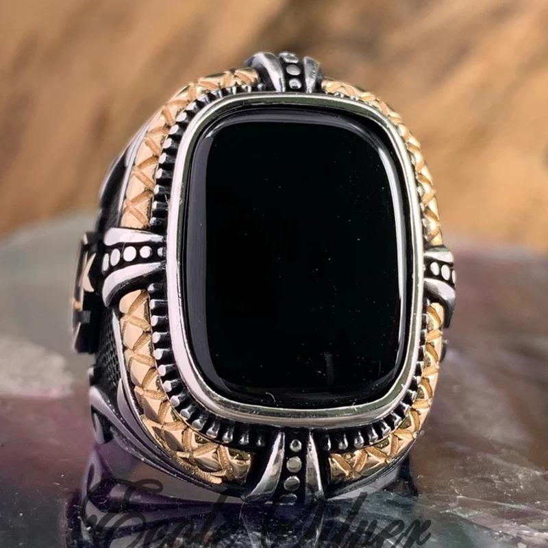 Vintage Handmade Turkish Mysterious Totem Star Moon Ring For Men Ancient Copper Color Black Zircon Ring Trendy Muslim Jewelry