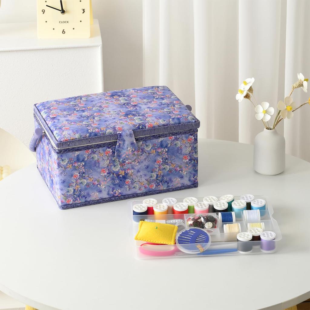 D&D Sewing Box, Sewing Kit, Large Capacity, Double Layer Storage, Sewing Accessory Storage Box 24*17.5*13cm (Large - Blue)