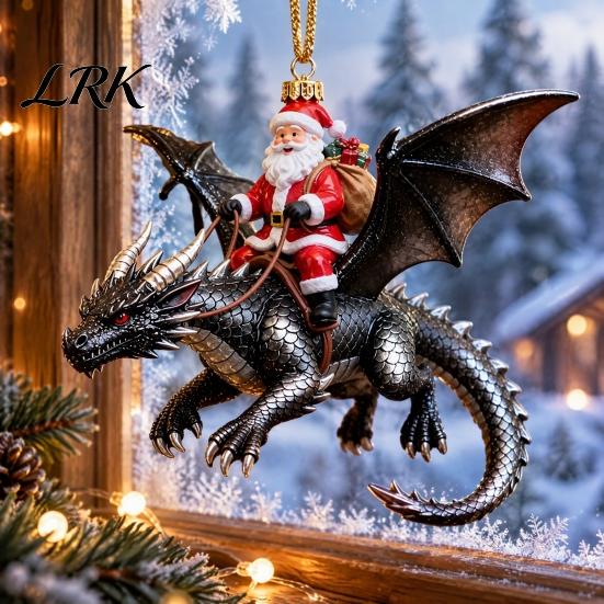 Fantasy Style Ornament Santa Claus Dragon Rider Christmas Ornament, 2D Acrylic Red Durable Resin Decoration with Flying Tree Hanging Decorations