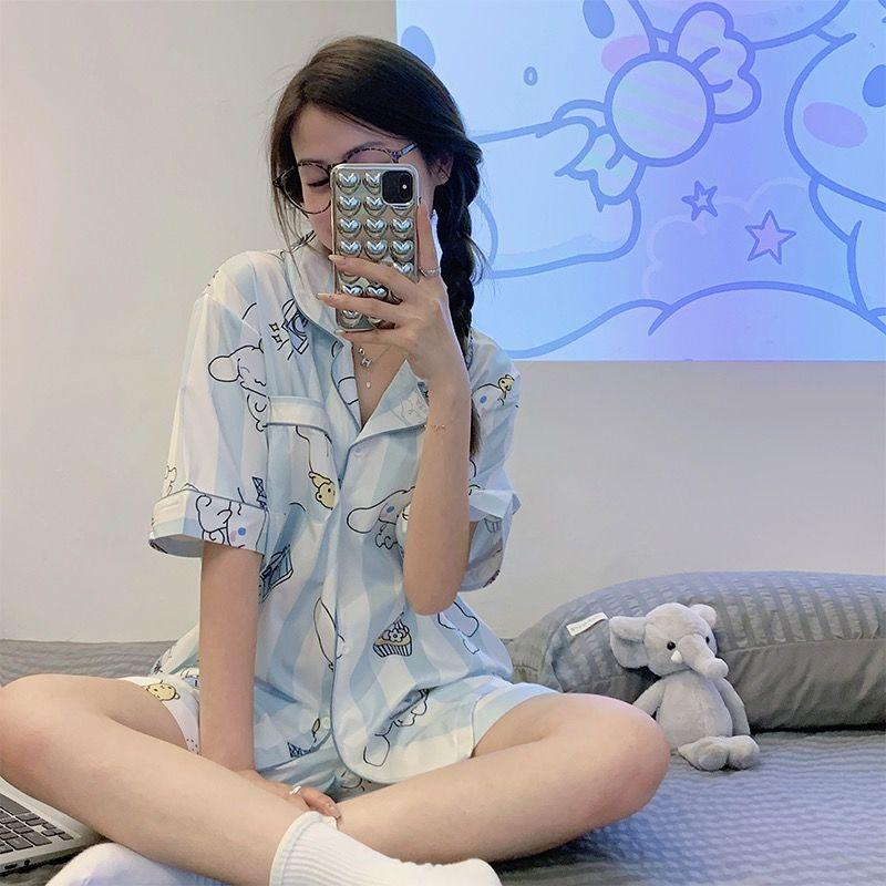 Pyjama en soie glacée pour femme en été à manches courtes, ample et luxueux, ensemble de vêtements de maison fins