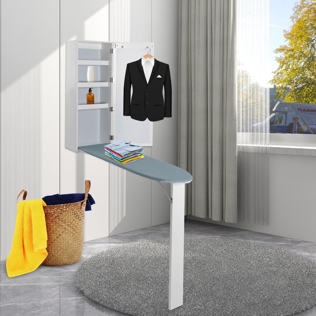 Wandmontiertes Bügelbrettschrank mit Stauraum & Spiegel - Modernes faltbares Bügelbrett für Haus & Wohnung - 15,2 kg Tragfähigkeit