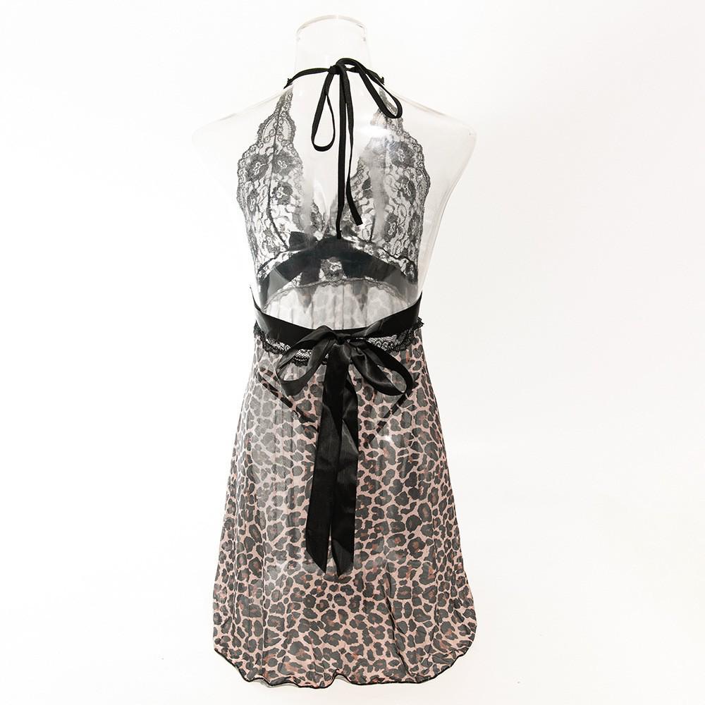 Lace Trim Leopard Print See-Through Patchwork Nightgown