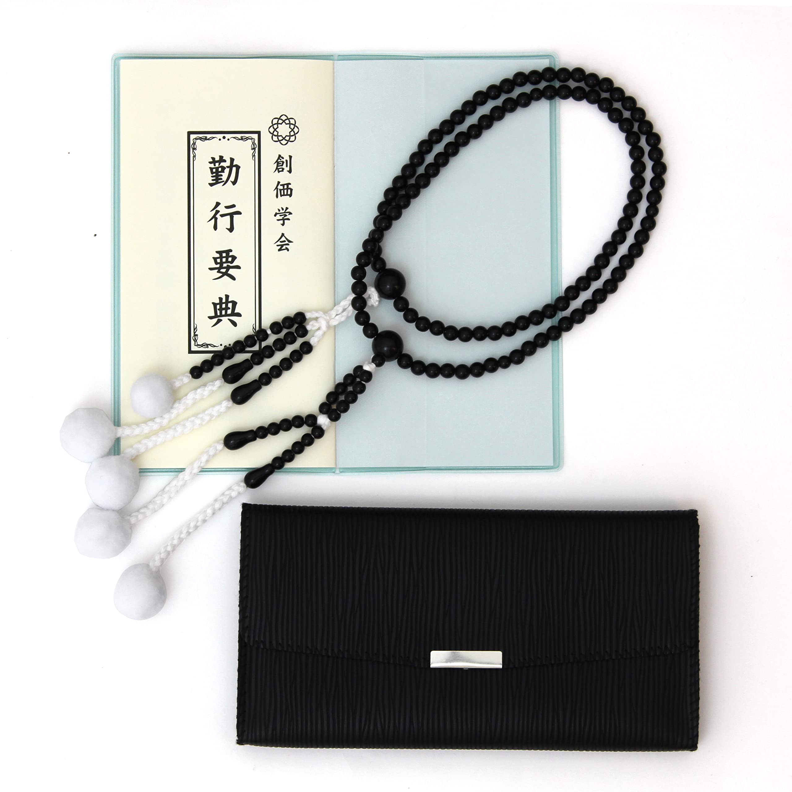 

Soka Gakkai Daily Prayer Set (3 pieces) for Men: Sutra Book (Large), Prayer Beads (Medium Black), Prayer Bead Case (Black)