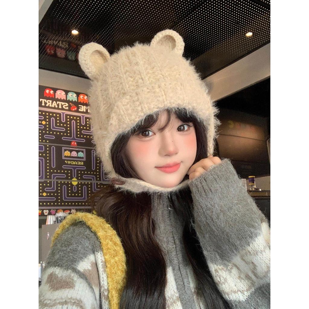 Sweet and cute bear ears knitted plush hat for women's autumn and winter new ear protection, cold protection and warmth Lei Feng hat