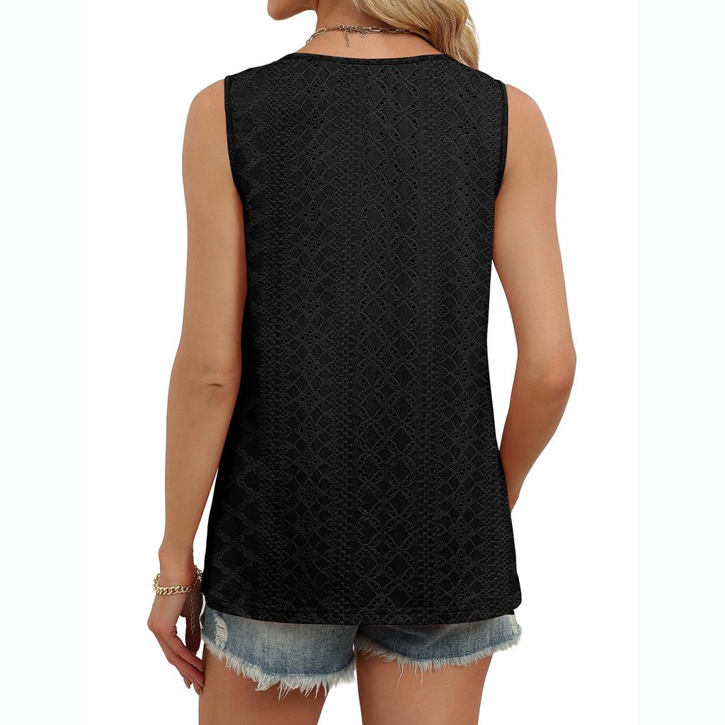 Women’s Knit Sleeveless Top Button Front V Neck Casual Loose Fit Crochet Patterned Tank Shirt for Summer