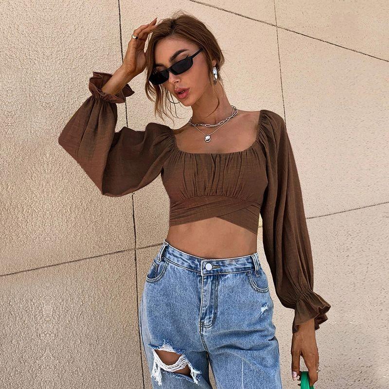 Lace Up Square Neck Super Short Long Sleeve Ladies Shirt Top