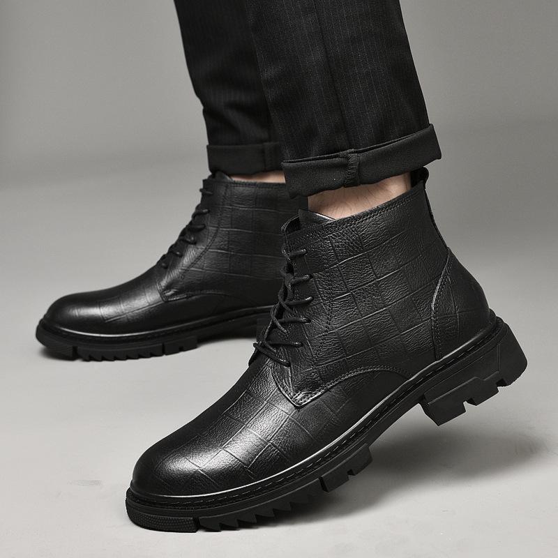 Men's Plus Size Genuine Leather High-Top Martin Boots, Velvet-Lined Winter Work Boots, Snow Boots in Cowhide.