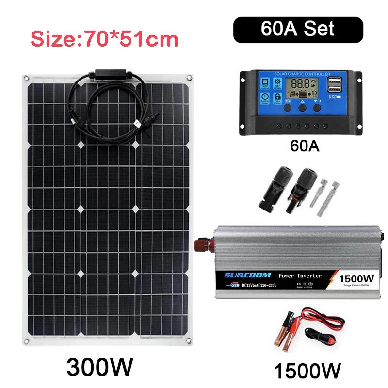 1500W Solar Power System 220V/1500W Inverter Kit 600W Sol-ar Panel Battery Charger Complete Controller Home Grid Camp Phone