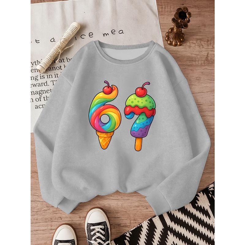 Birthday Kids Sweatshirt Over 4Y Unisex Boys Girls Rainbow Ice Cream Popsicle Number 67 Graphic Black Crewneck Soft Fleece Pullover For 4-12 Children
