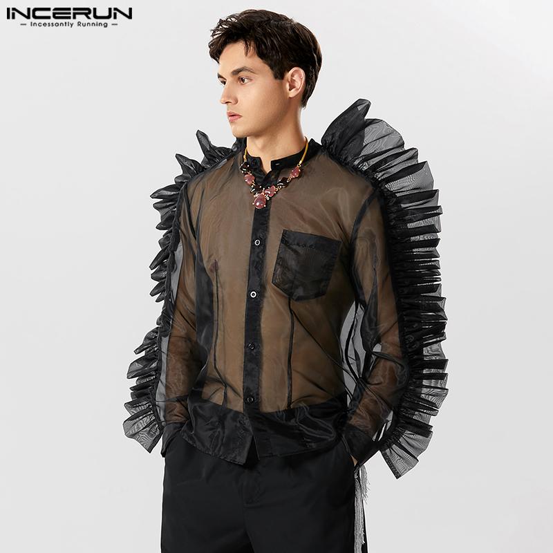 INCERUN Mesh Black Men See Through Long Sleeves Party Shirts