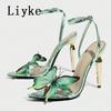 Fashion Liyke Sexy Green Snake Print Leather Ankle Strap Sandals Women Fashion Butterfly Designer High Heels Summer Party Dress Shoes