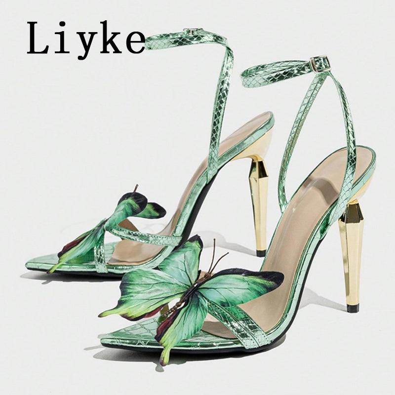 Fashion Liyke Sexy Green Snake Print Leather Ankle Strap Sandals Women Fashion Butterfly Designer High Heels Summer Party Dress Shoes
