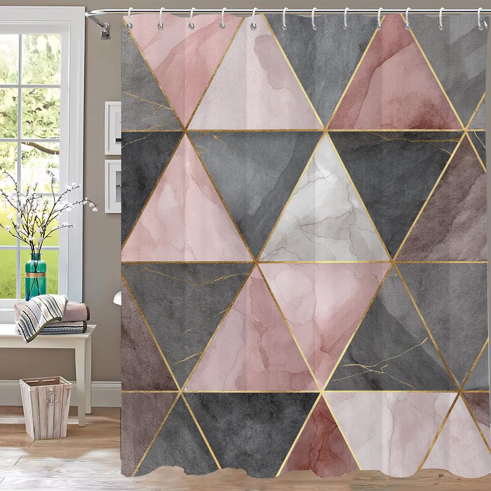 1Pc Black And Gold Geometric Print Shower Curtain Partition Privacy Hanging Curtain With 12 Hooks Multiple Size Machine Washable