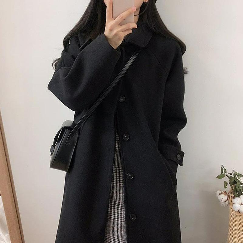 Coat Ladies's Windbreaker Mid-length Small Hepburn Windbreaker Black Woolen Coat Ladies Fall and Winter
