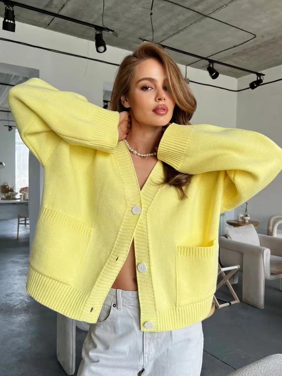 

Women V-Neck Pocket Knitted Cardigan Sweater Jacket S жёлтый