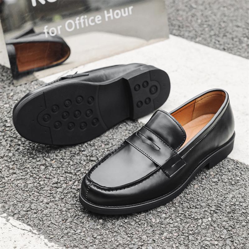 Men's Black Leather Slip-on Loafers, Casual Business Formal Derby Shoes, British Style, 14532-J