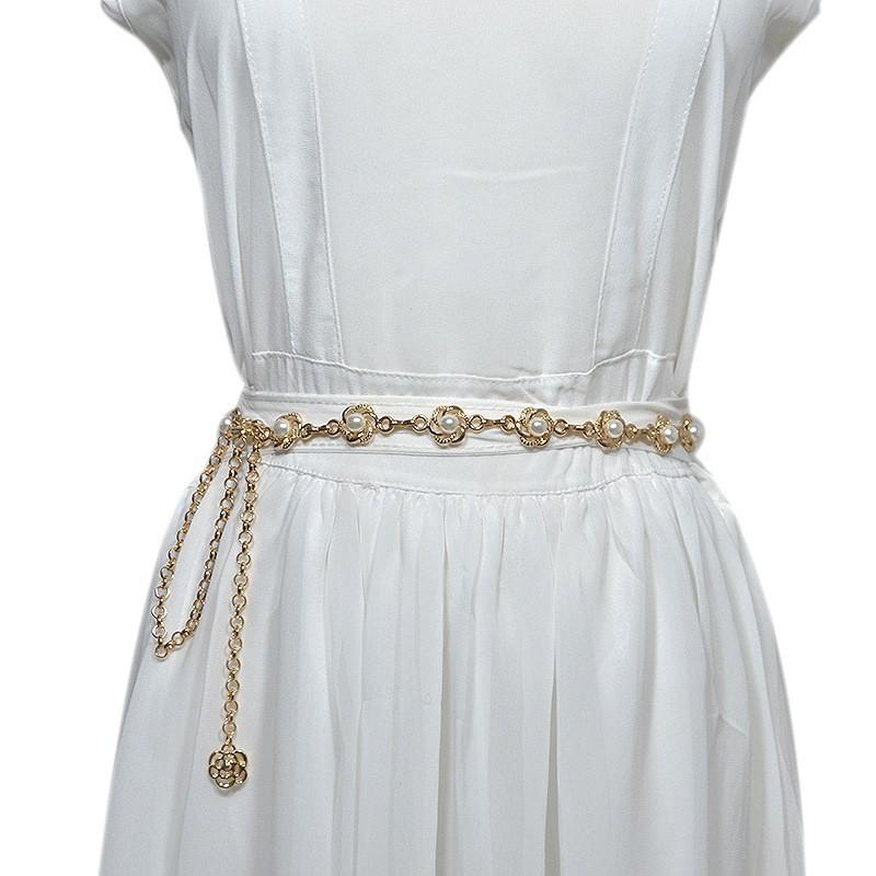 Pearl Belt for Women Korean Skirt with Versatile Retro Sweet Decorative Sweater Shirt Accessories Metal Thin Waist Chain