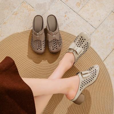 Women's Slippers Genuine Leather Hollow-out Thick Heel Flower Round Toe Versatile Women's Shoes