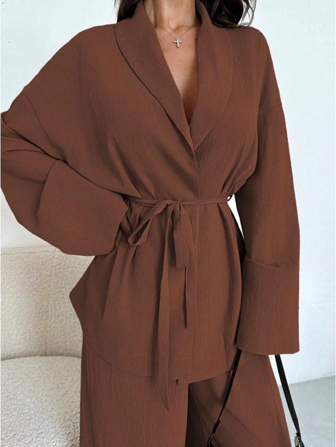 2025 Herbst/Winter V-Ausschnitt Damen Elegant Langarm Weitbeiniges Hosen-Set