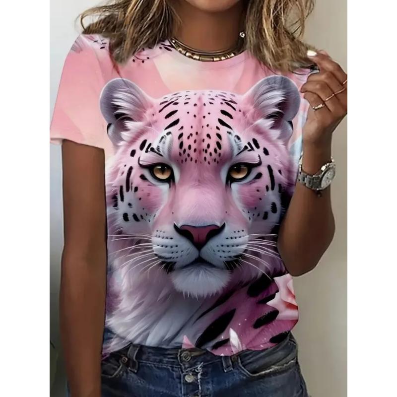 Modisches Damen Rundhals Kurzarm 3D Tier Farbdruck Tier Kurzarm Rundhals T-Shirt