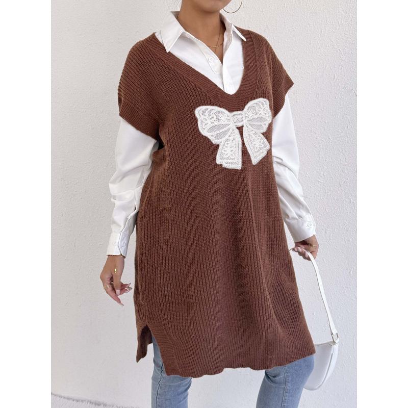 

Women s Sweater Dress Loose Fit Vest Dress Deep V Embroidered Butterfly Patchwork Vest (Belt Not Included) Free size кофейный