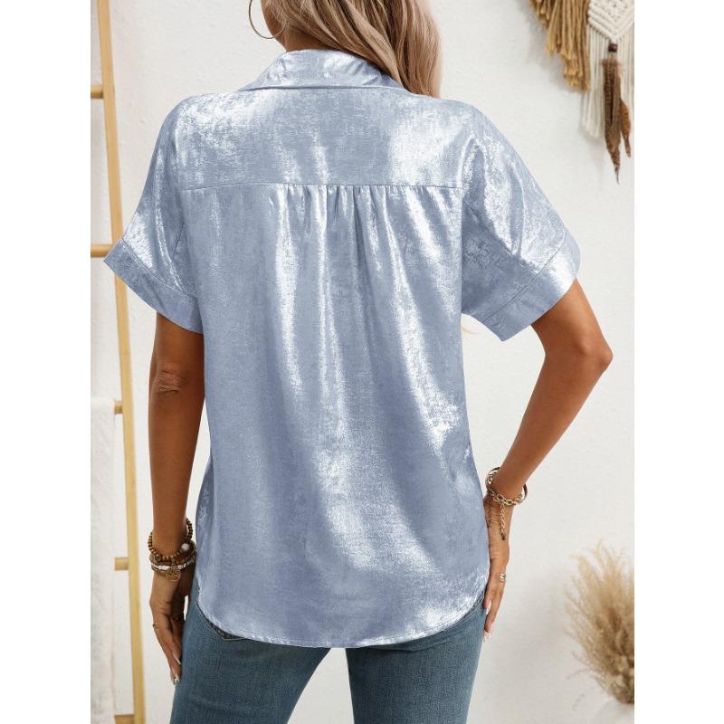 Women Lapel Short Sleeve Shirt Metallic Shiny Fabric Single Breasted Loose Vacation Casual Blouse