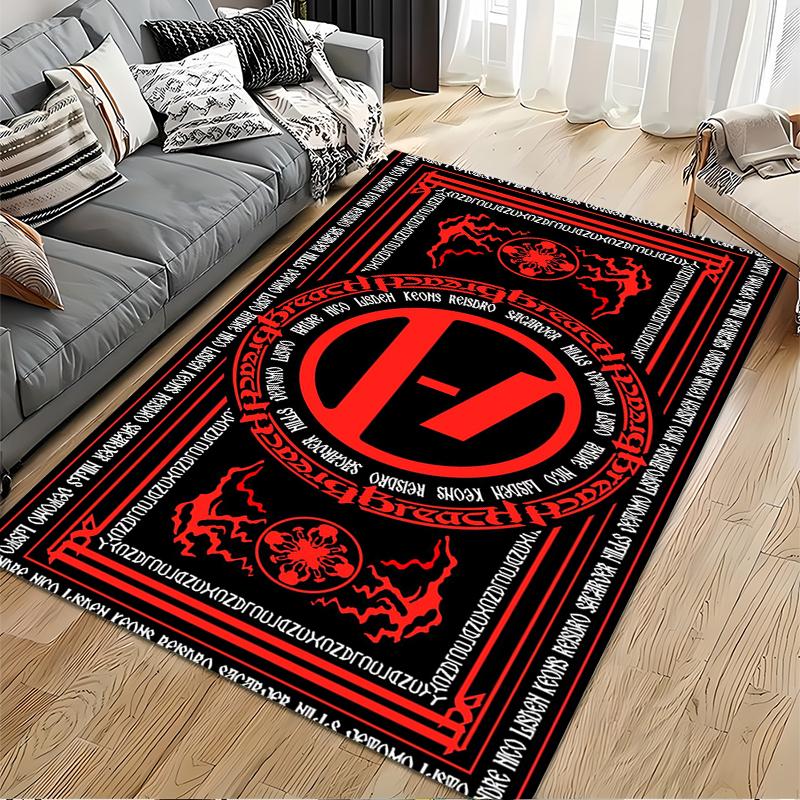 Rock Band Area Rug, Twenty One Pilots Breach Red Black Occult Sigil Logo Gothic Print, Rock Music Decor, Non-Slip Mat