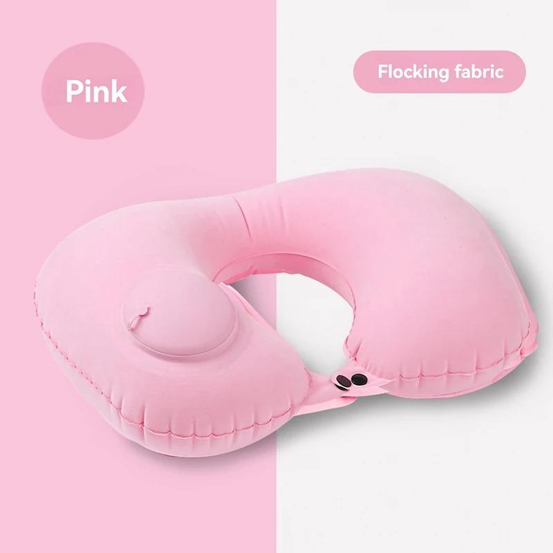 Press Inflatable U-Shaped Neck Pillow Portable Travel Inflatable Pillow Ergonomic Neck Support Pillow for Airplane Car Office Travel розовый