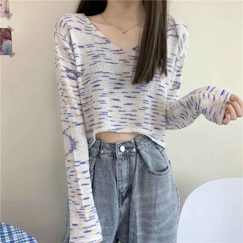 Sweater Rainbow Dye Striped Cropped Short Sweater Long Sleeve Knit V-Neck Loose Top Pullover Knit