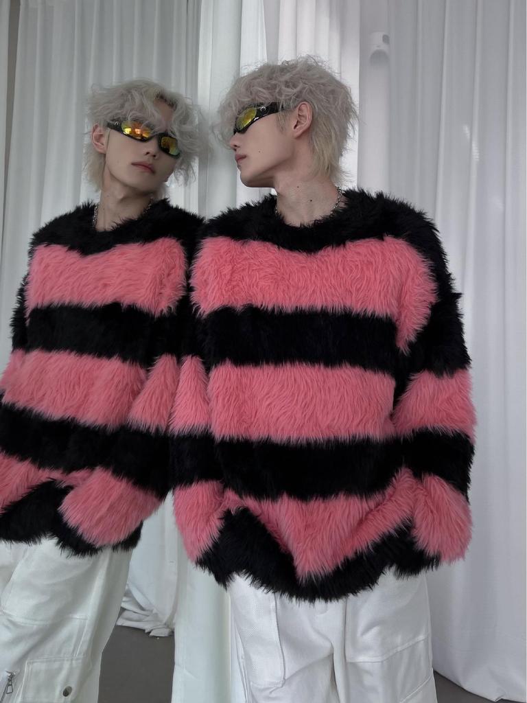 Maglione Retro da Uomo in Finta Pelliccia di Vison - Lavorazione a Maglia con Strisce a Contrasto, Morbido e Accogliente per Autunno/Inverno