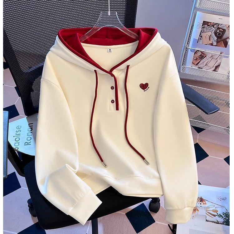 

Women s Heart Embroidered Color-Block Hoodie - 2025 Autumn/Winter Fashion, Loose Fit, Versatile Design Small абрикосовый