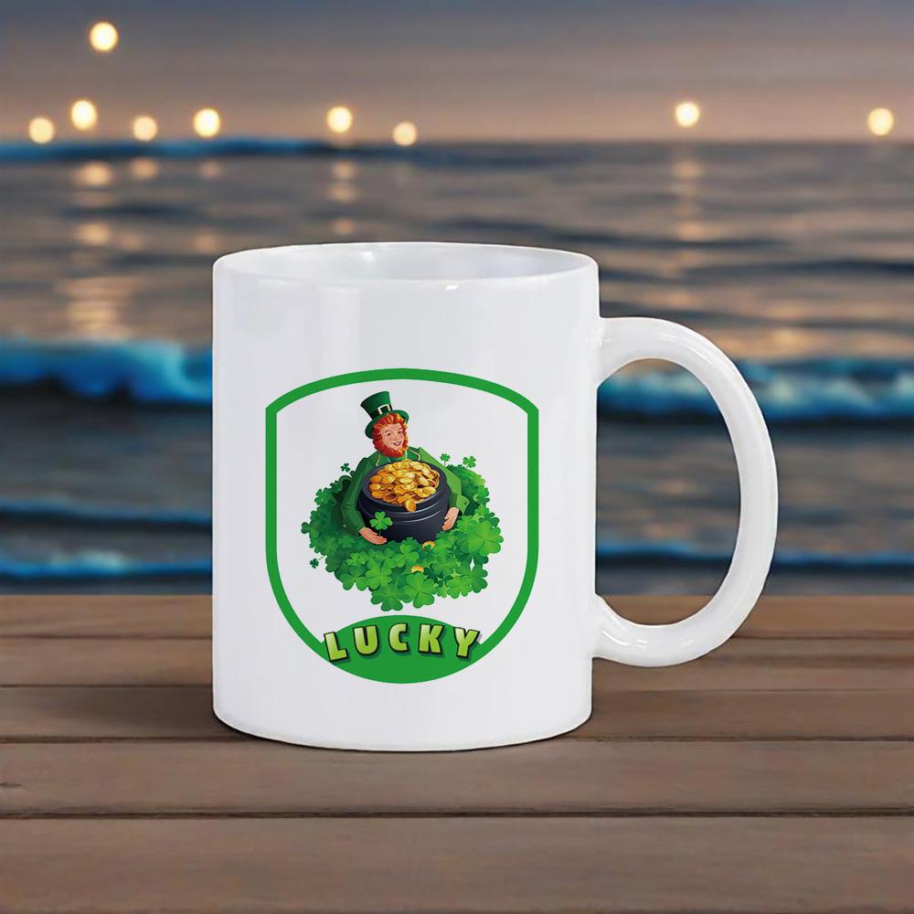 St.Patrick's Day Themed Mugs Green Pattern Coffee Mug 11 Oz Water Cups Four-leaf Design Breakfast Cup Cozy Gift for Family Tea
