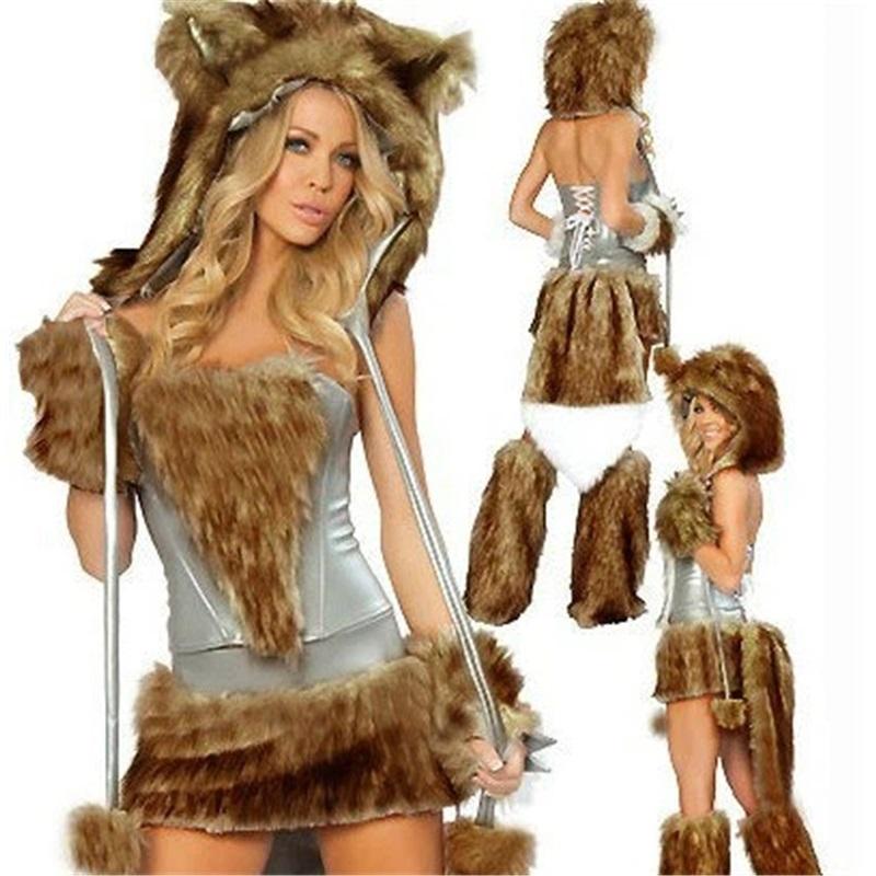 Costume Gatto Leopardo da Donna con Coda Cappuccio Peloso Animale Cosplay Outfit Festa di Halloween Travestimento Clubwear