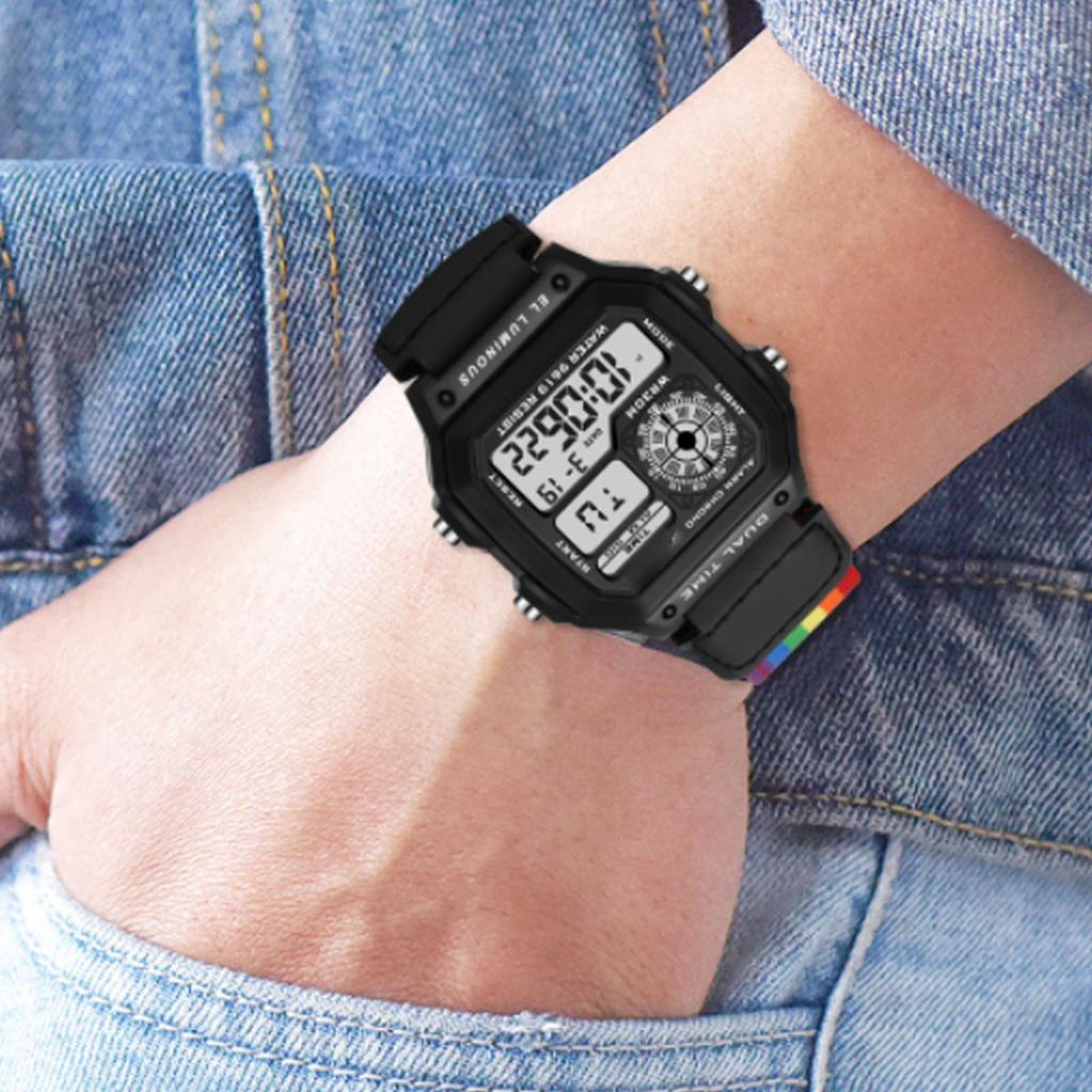 Digital Chronograph Watch Luminous Waterproof Multi Function Retro Style Square Electronic Watch Black