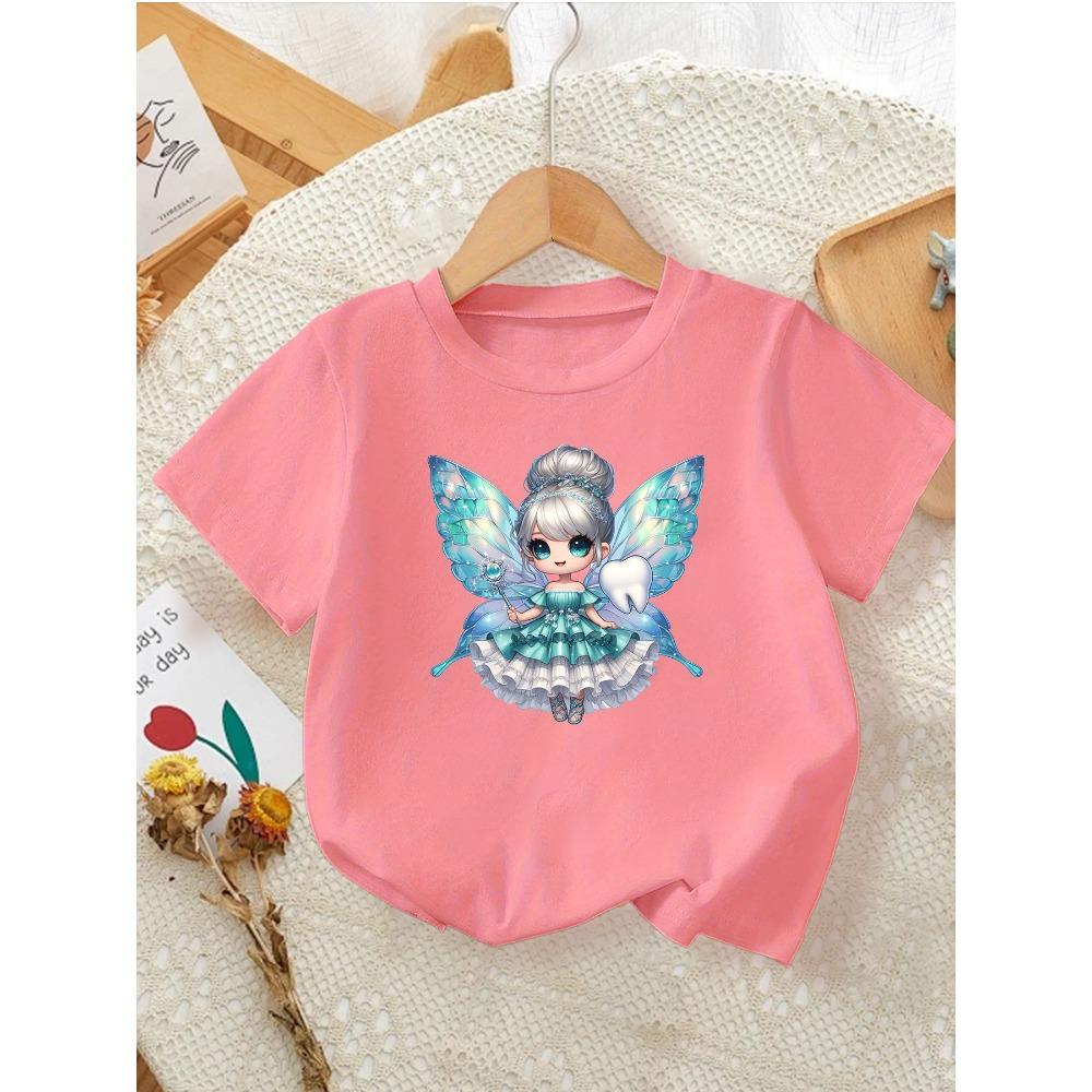 Summer children s short sleeved T-shirt, paired with cute butterfly elf print and pink casual style 150